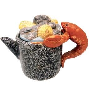 Adorable  Black Gray Stoneware style Lobster pot Colorful Lobster Handle